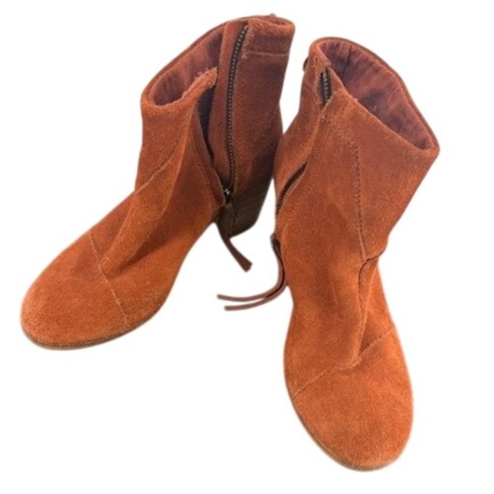 TOMS Womens Suede Fringe Ankle Boots Rust Brown Stacked Heel Size 7